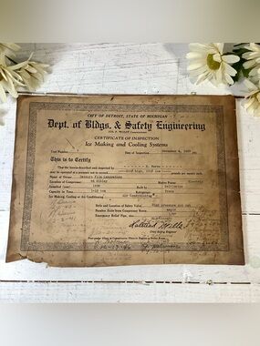 Vintage 1939 Certificate of Inspection City of Detroit Dept of Building & Safety
